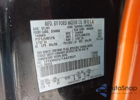 2001 Ford F150 Harley-Davidson Edition/King Ranch Edition/Lariat/Xlt from USA, damaged, VIN 1FTRW07L71KA19317